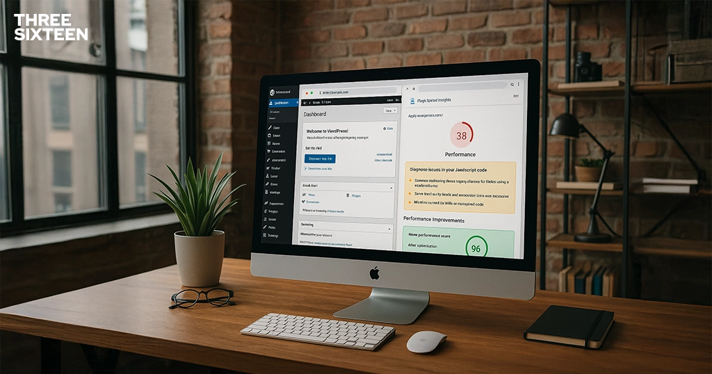 A WordPress dashboard alongside PageSpeed results showing JavaScript issues and performance improvements after optimization. A WordPress dashboard alongside PageSpeed results showing JavaScript issues and performance improvements after optimization.