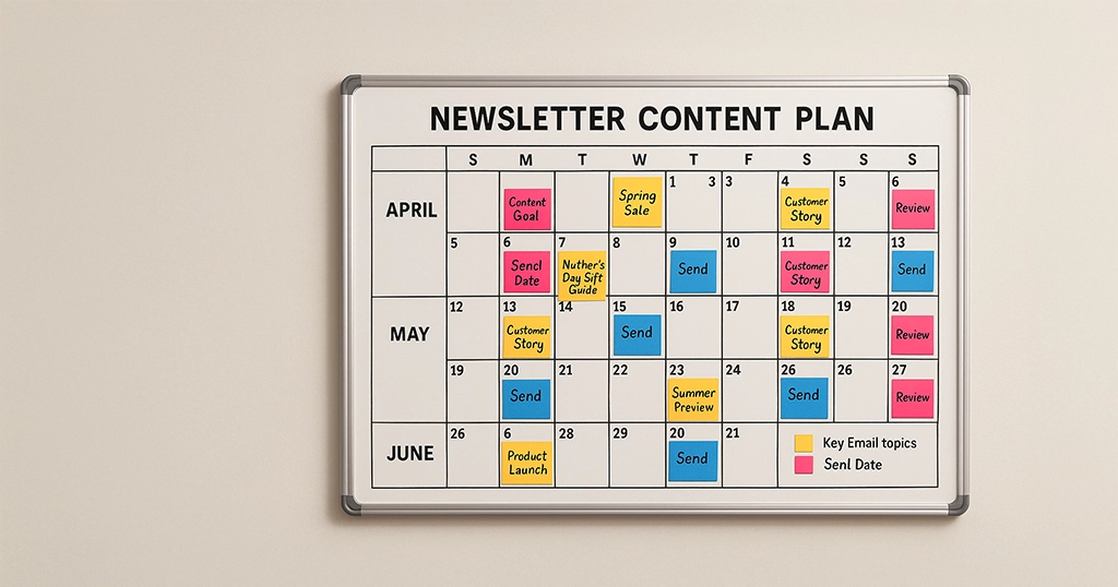A calendar board showing a color-coded 3-month newsletter content plan, highlighting key email topics, goals, and send dates. A calendar board showing a color-coded 3-month newsletter content plan, highlighting key email topics, goals, and send dates.