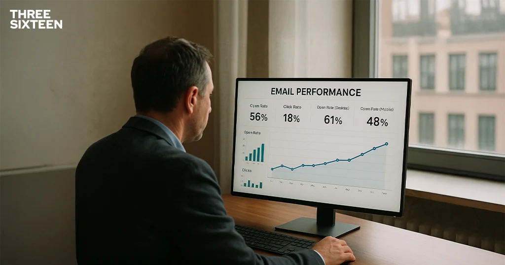 A marketer reviewing an email performance dashboard with open rate graphs trending upward, symbolizing successful email strategy A marketer reviewing an email performance dashboard with open rate graphs trending upward, symbolizing successful email strategy