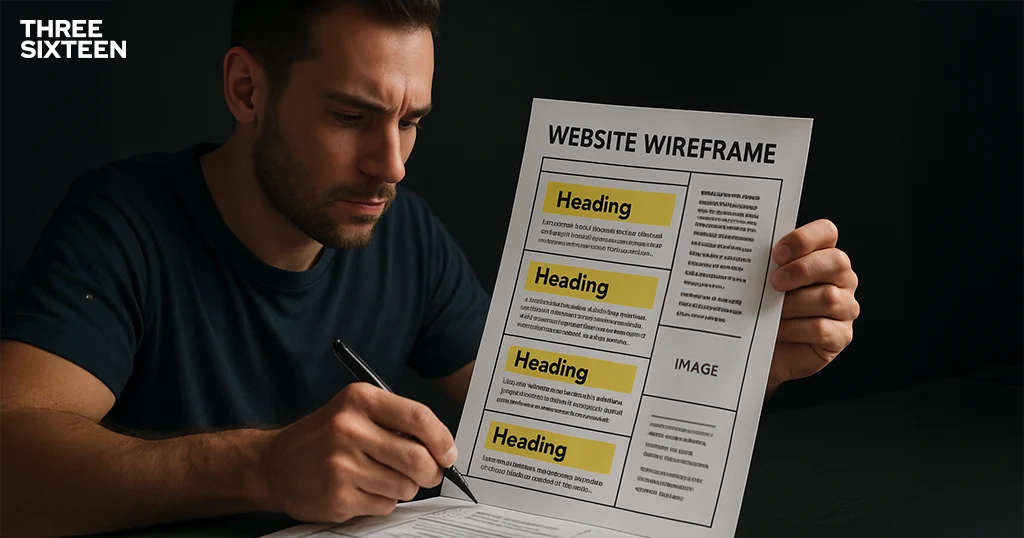A person editing a website wireframe with highlighted text sections and copywriting notes in the margins.