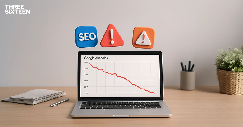 A traffic analytics chart with a sharp drop, overlaid with SEO warning icons, representing a decline from technical and strategic SEO issues. A traffic analytics chart with a sharp drop, overlaid with SEO warning icons, representing a decline from technical and strategic SEO issues.
