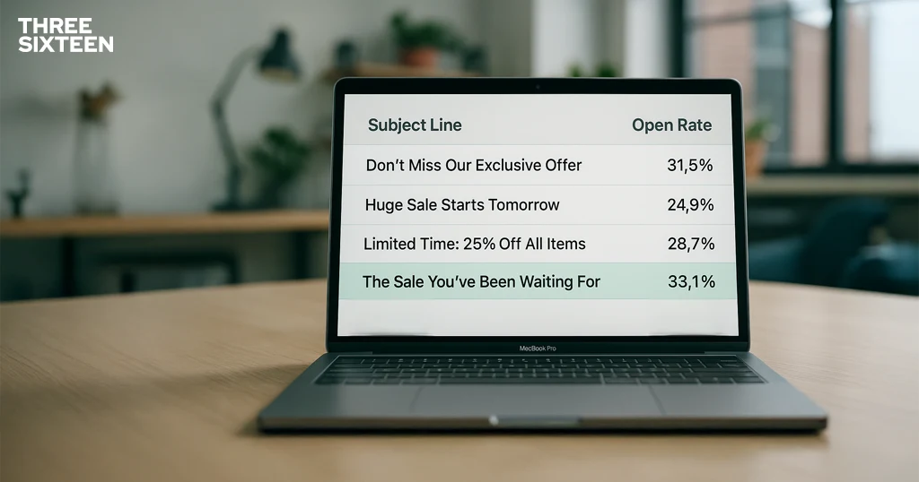 A:B test panel showing multiple subject lines with open rates and winner results highlighted, demonstrating data-driven email marketing. A:B test panel showing multiple subject lines with open rates and winner results highlighted, demonstrating data-driven email marketing.