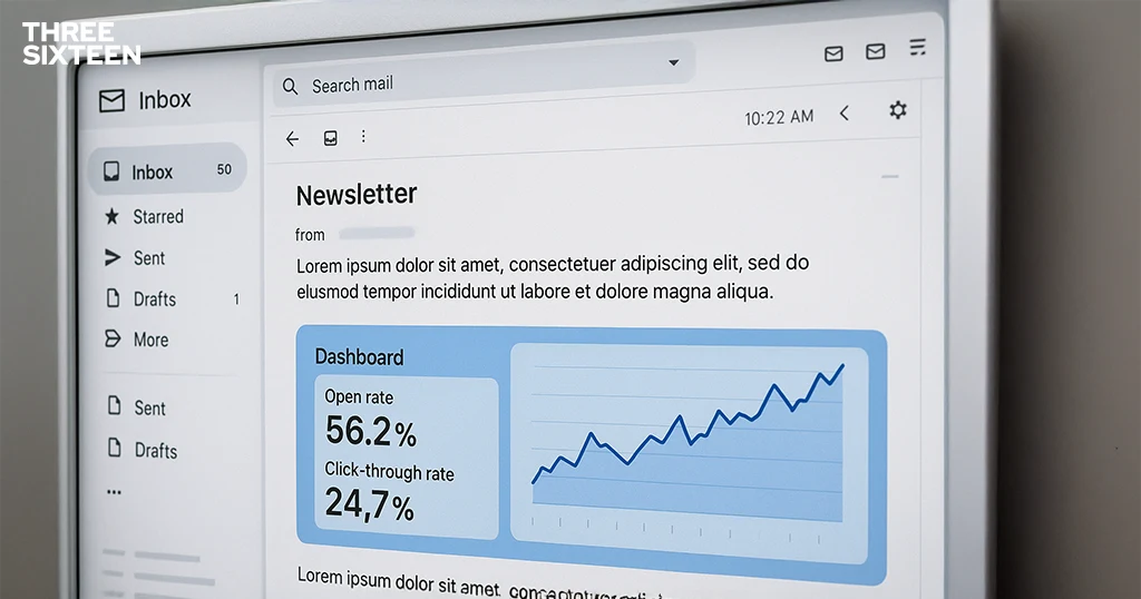 An inbox showing a well-crafted email newsletter with high open and click-through rates highlighted in a dashboard view. An inbox showing a well-crafted email newsletter with high open and click-through rates highlighted in a dashboard view.