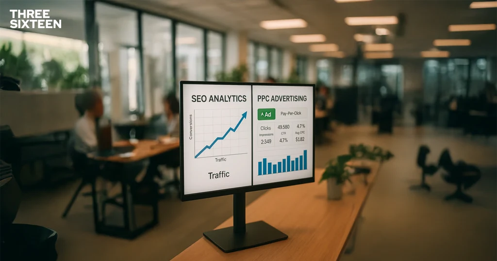 Split-screen view of a growing SEO graph vs. an active PPC ad dashboard, showing two paths to traffic and conversions Split-screen view of a growing SEO graph vs. an active PPC ad dashboard, showing two paths to traffic and conversions