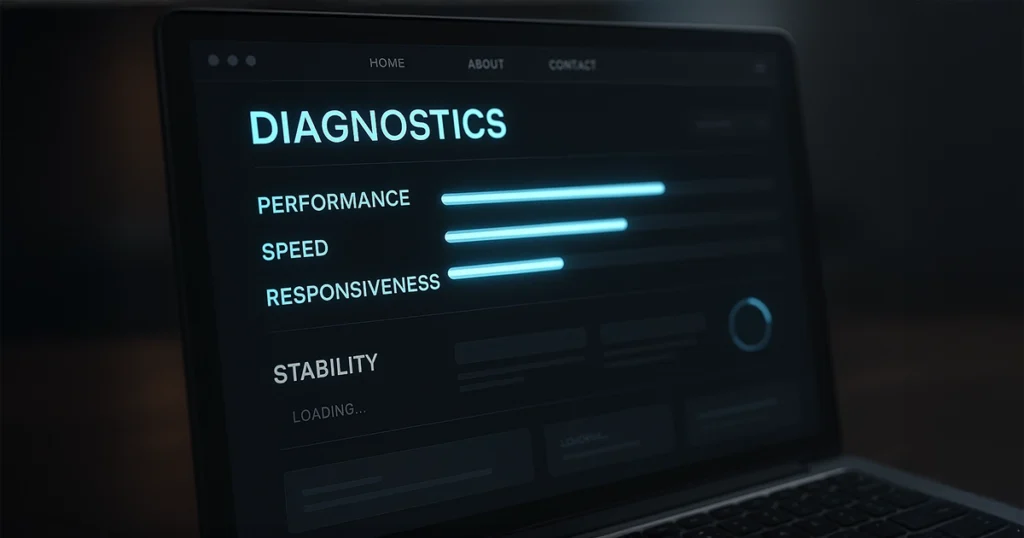 A laptop showing a performance dashboard with Core Web Vitals metrics highlighted in green, representing a fast-loading WordPress website.